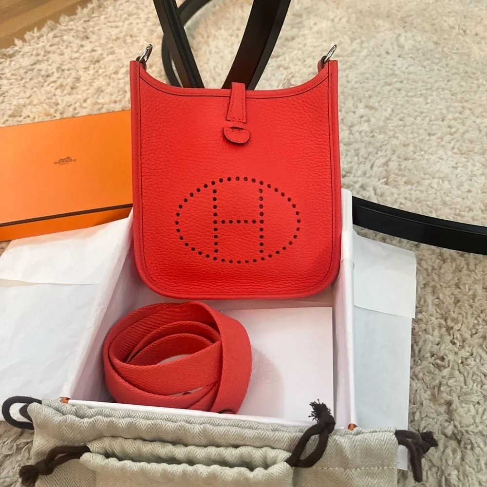 Authentic HERMES Rose Jaipur Clemence Leather Evelyne TPM Bag - Picture 11 of 14